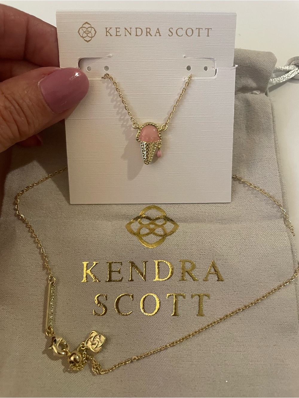 Kendra Scott Gold Necklace with Pink Ice Cream Cone Charm